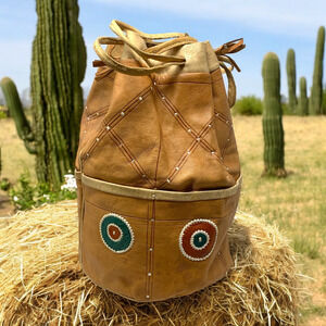 Vintage Artisan Made Kidskin Leather Southwestern Drawstring Bucket Bag Purse